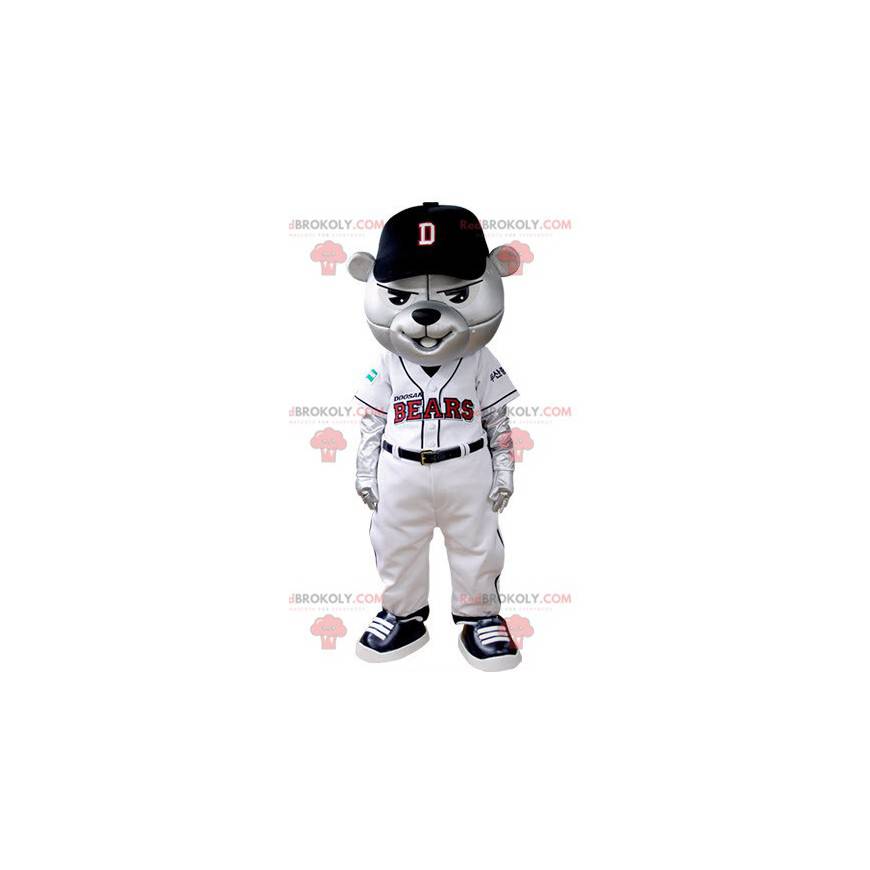 Mascote do urso cinza vestido com roupa de beisebol -