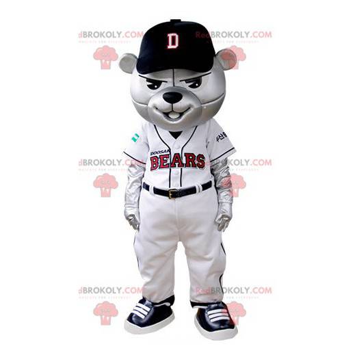 Mascote do urso cinza vestido com roupa de beisebol -