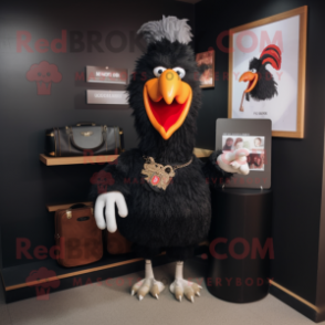 Black Rooster mascot costume character dressed with a Trousers and Clutch bags