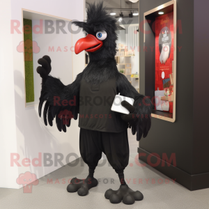 Black Rooster mascot costume character dressed with a Trousers and Clutch bags