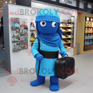Blue Ninja mascot costume character dressed with a Wrap Skirt and Messenger bags