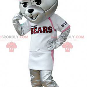 Mascotte orso grigio vestito in abito da baseball -