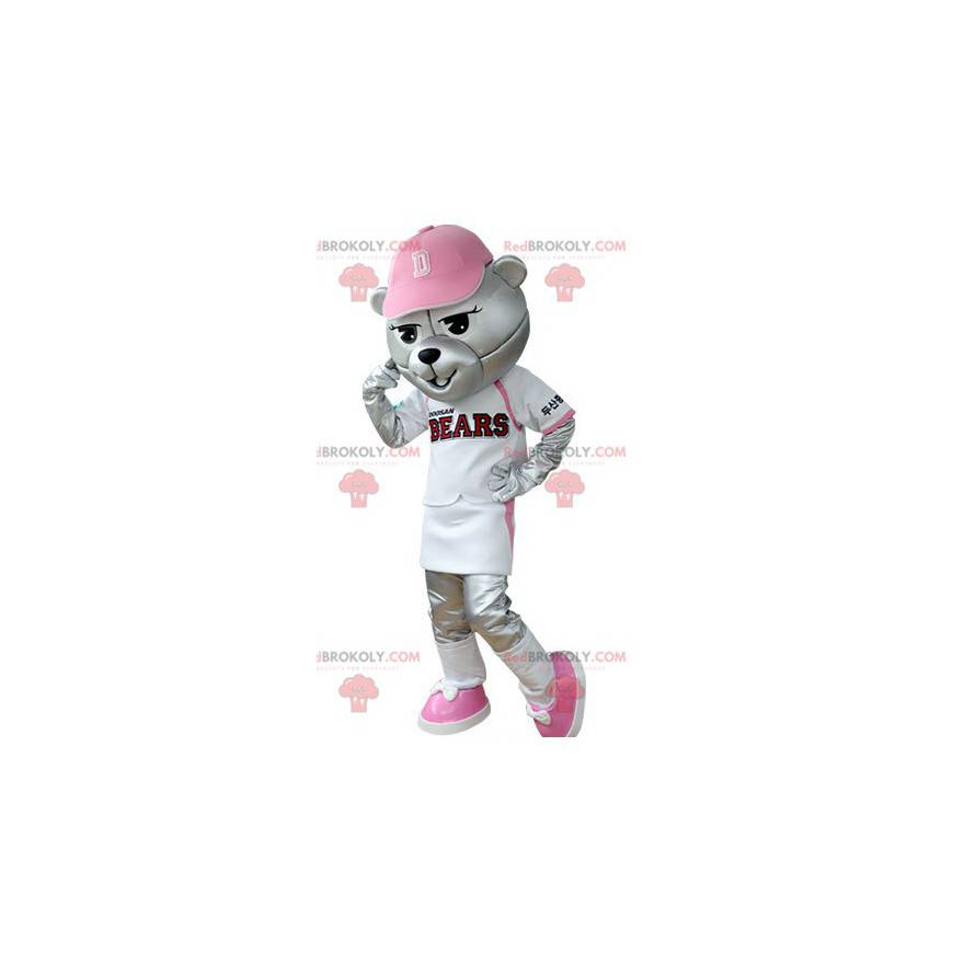 Mascotte orso grigio vestito in abito da baseball -