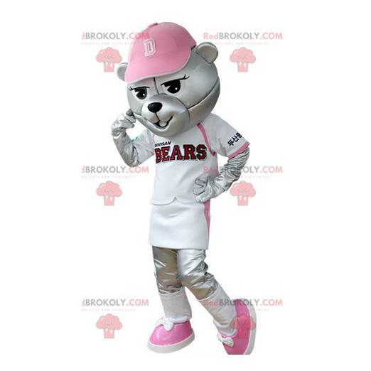 Mascotte orso grigio vestito in abito da baseball -