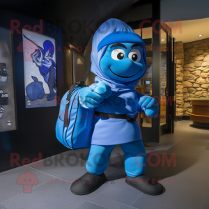 Blue Ninja mascot costume character dressed with a Wrap Skirt and Messenger bags