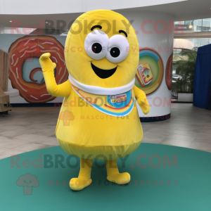 Yellow Donut mascot costume character dressed with a Wrap Skirt and Keychains