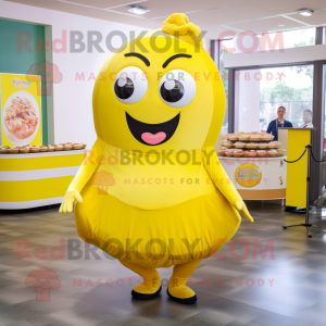 Yellow Donut mascot costume character dressed with a Wrap Skirt and Keychains