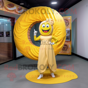 Yellow Donut mascot costume character dressed with a Wrap Skirt and Keychains