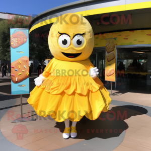 Yellow Donut mascot costume character dressed with a Wrap Skirt and Keychains