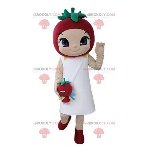 Liten jente maskot med et jordbær på hodet - Redbrokoly.com