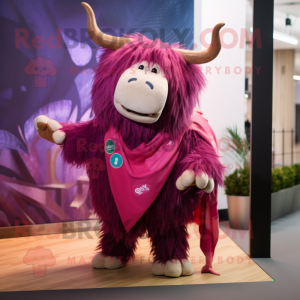 Magenta Yak mascot costume character dressed with a Playsuit and Scarf clips