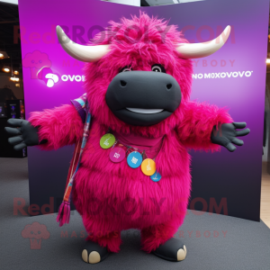 Magenta Yak mascot costume character dressed with a Playsuit and Scarf clips