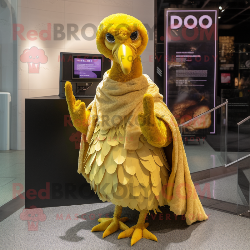 Gold Dodo Bird mascot costume character dressed with a Midi Dress and Shawls