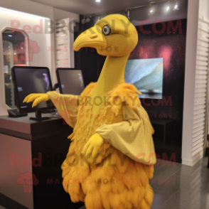 Gold Dodo Bird mascot costume character dressed with a Midi Dress and Shawls