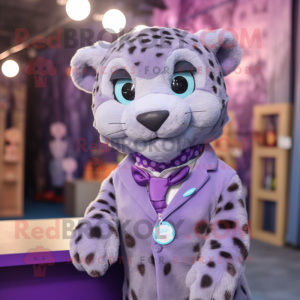 Lavender Leopard mascot costume character dressed with a Button-Up Shirt and Tie pins