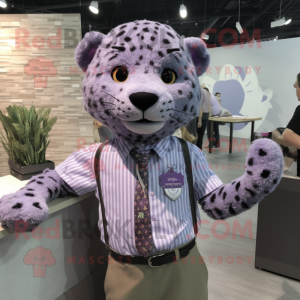 Lavender Leopard mascot costume character dressed with a Button-Up Shirt and Tie pins
