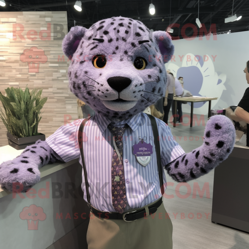 Lavender Leopard mascot costume character dressed with a Button-Up Shirt and Tie pins Lavender Leopard mascot costume character dressed with a Button-Up Shirt and Tie pins