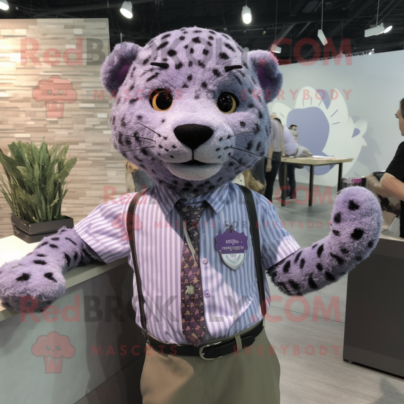 Lavender Leopard mascot costume character dressed with a Button-Up Shirt and Tie pins