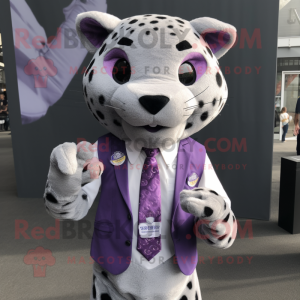 Lavender Leopard mascot costume character dressed with a Button-Up Shirt and Tie pins