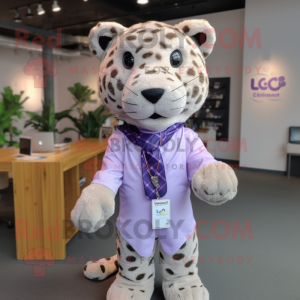 Lavender Leopard mascot costume character dressed with a Button-Up Shirt and Tie pins