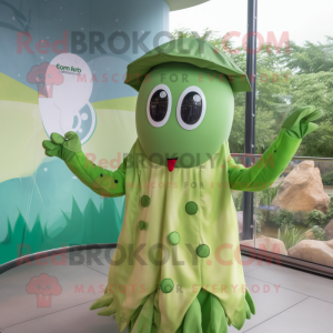 Olive Hydra mascot costume character dressed with a Raincoat and Hairpins