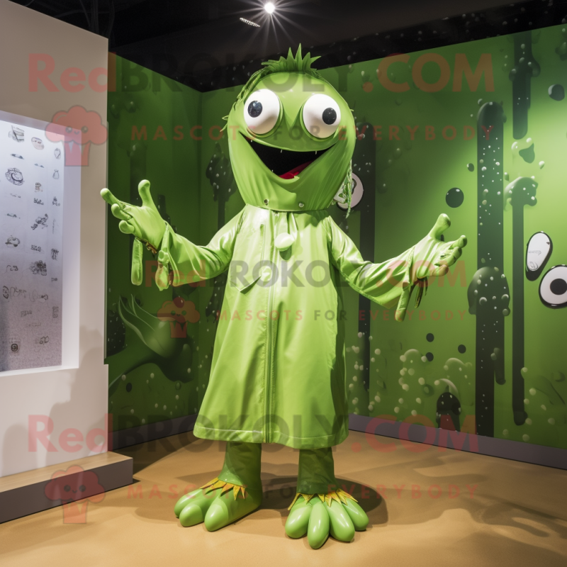 Olive Hydra mascot costume character dressed with a Raincoat and Hairpins Olive Hydra mascot costume character dressed with a Raincoat and Hairpins