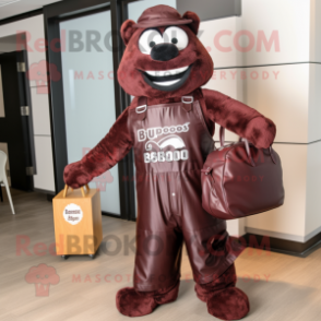 Maroon Bbq Ribs mascot costume character dressed with a Jumpsuit and Handbags