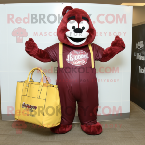 Maroon Bbq Ribs mascot costume character dressed with a Jumpsuit and Handbags