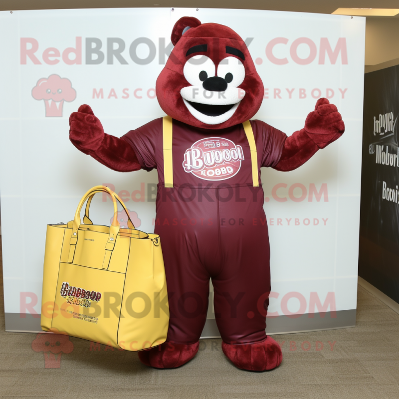 Maroon Bbq Ribs mascot costume character dressed with a Jumpsuit and Handbags Maroon Bbq Ribs mascot costume character dressed with a Jumpsuit and Handbags