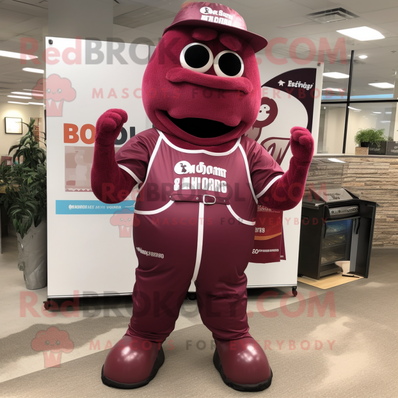 Maroon Bbq Ribs mascot costume character dressed with a Jumpsuit and Handbags Maroon Bbq Ribs mascot costume character dressed with a Jumpsuit and Handbags