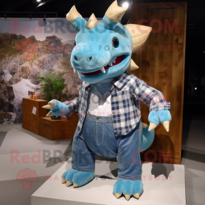 Sky Blue Triceratops mascot costume character dressed with a Flannel Shirt and Clutch bags