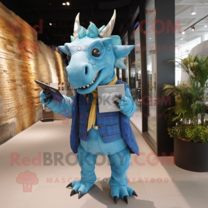 Sky Blue Triceratops mascot costume character dressed with a Flannel Shirt and Clutch bags