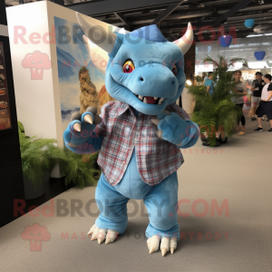 Sky Blue Triceratops mascot costume character dressed with a Flannel Shirt and Clutch bags