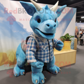 Sky Blue Triceratops mascot costume character dressed with a Flannel Shirt and Clutch bags