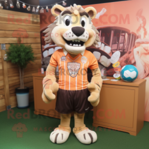 Peach Thylacosmilus mascot costume character dressed with a Rugby Shirt and Headbands