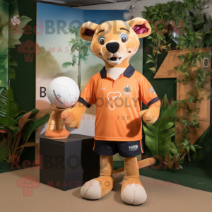 Peach Thylacosmilus mascot costume character dressed with a Rugby Shirt and Headbands