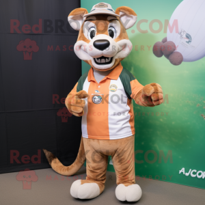 Peach Thylacosmilus mascot costume character dressed with a Rugby Shirt and Headbands
