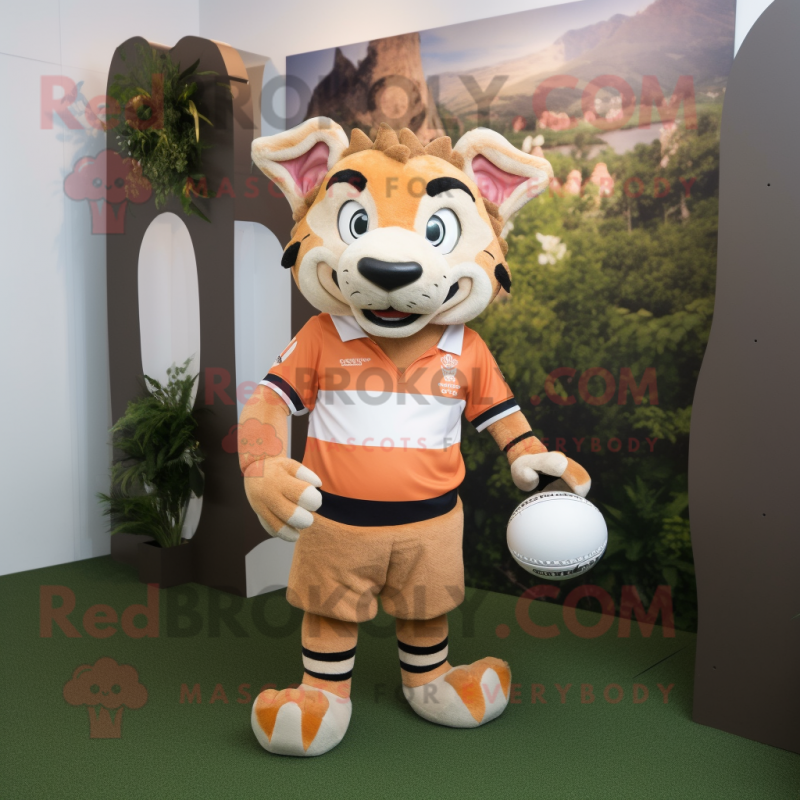 Peach Thylacosmilus mascot costume character dressed with a Rugby Shirt and Headbands