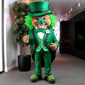 Forest Green Leprechaun mascot costume character dressed with a Suit Jacket and Hairpins