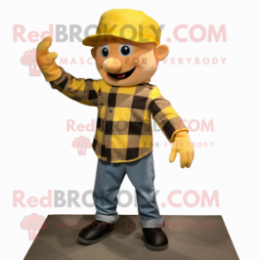 Yellow Acrobat mascot costume character dressed with a Flannel Shirt and Hats