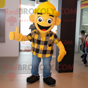 Yellow Acrobat mascot costume character dressed with a Flannel Shirt and Hats
