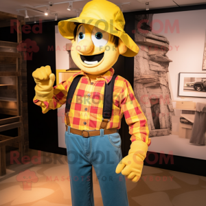 Yellow Acrobat mascot costume character dressed with a Flannel Shirt and Hats