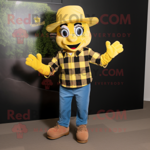 Yellow Acrobat mascot costume character dressed with a Flannel Shirt and Hats