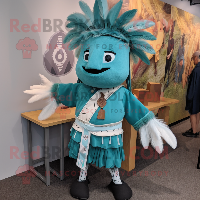 Teal Chief mascot costume character dressed with a Poplin Shirt and Hairpins Teal Chief mascot costume character dressed with a Poplin Shirt and Hairpins