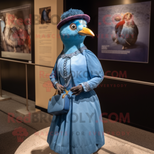 Blue Passenger Pigeon mascot costume character dressed with a Ball Gown and Beanies