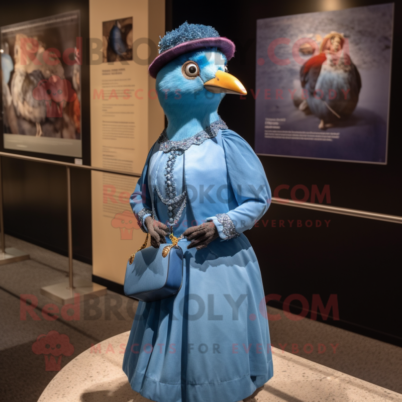 Blue Passenger Pigeon mascot costume character dressed with a Ball Gown and Beanies