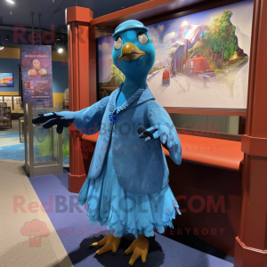 Blue Passenger Pigeon mascot costume character dressed with a Ball Gown and Beanies