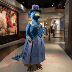 Blue Passenger Pigeon mascot costume character dressed with a Ball Gown and Beanies