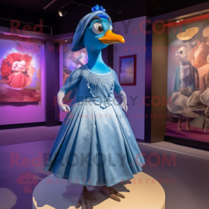 Blue Passenger Pigeon mascot costume character dressed with a Ball Gown and Beanies