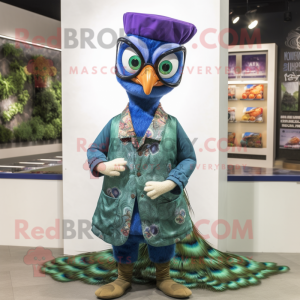 nan Peacock mascot costume character dressed with a Waistcoat and Eyeglasses